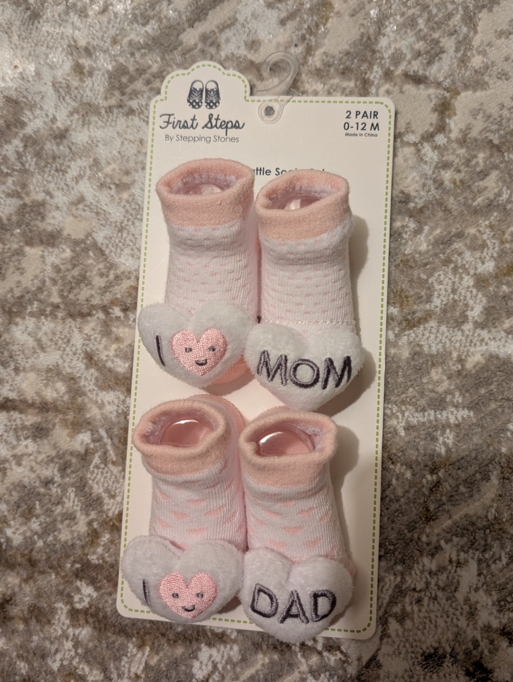 First Steps Baby Rattle Socks - Pink "I ❤️ MOM" & "I ❤️ DAD" (2 Pair)